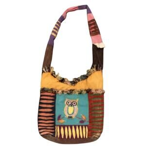 Fabric Owl Hobo Bag Cotton Blue Brown Hippie Bohemian Indie Emo Crow Patchwork